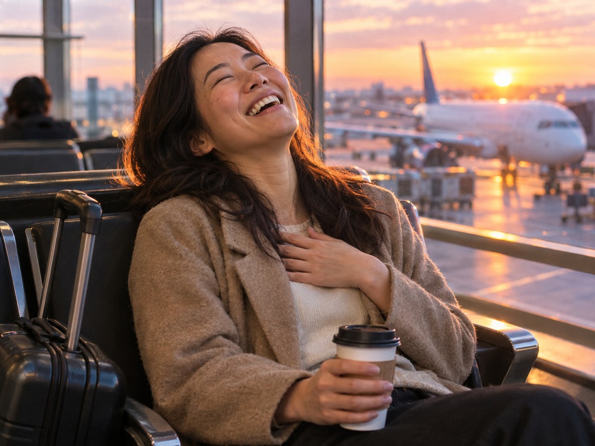 A traveller laughing with relief at the airport gate as the sun rises