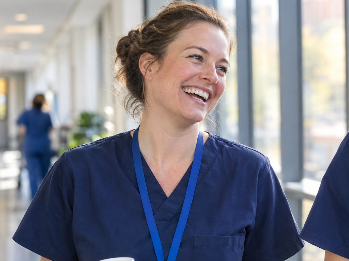 A woman laughing with a coffee in a sunlit hospital corridor