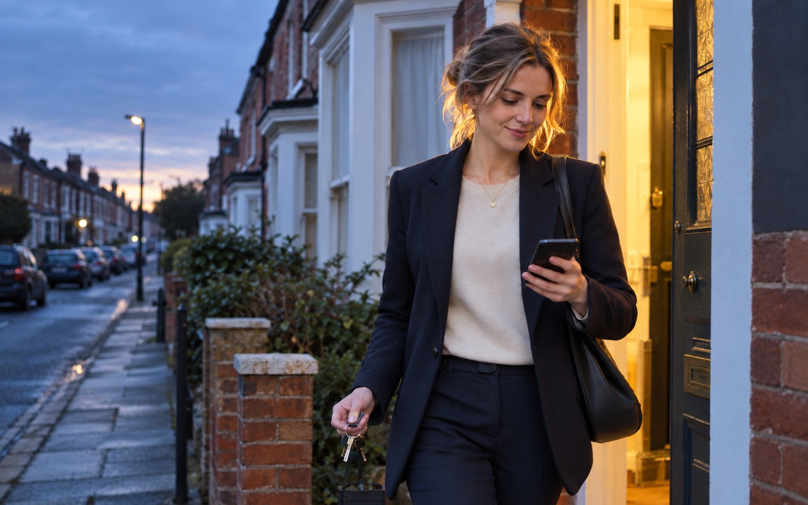 A woman stepping out of her front door at dawn, checking her phone with a small confident smile