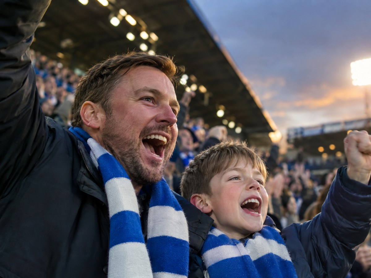 A father and son cheering together in the stands as the floodlights come on