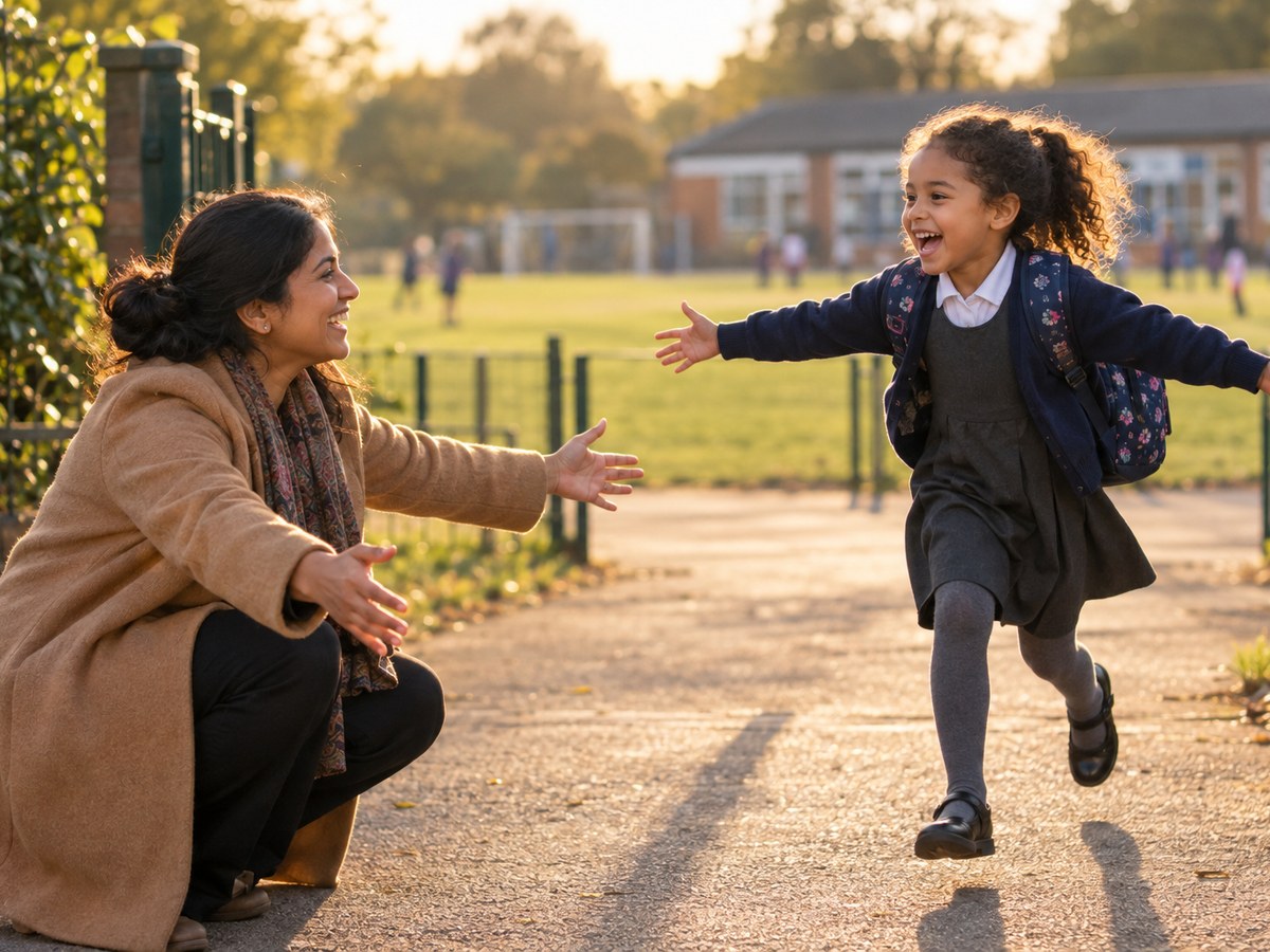 A mother crouching with arms open as her daughter runs toward her at the school gate