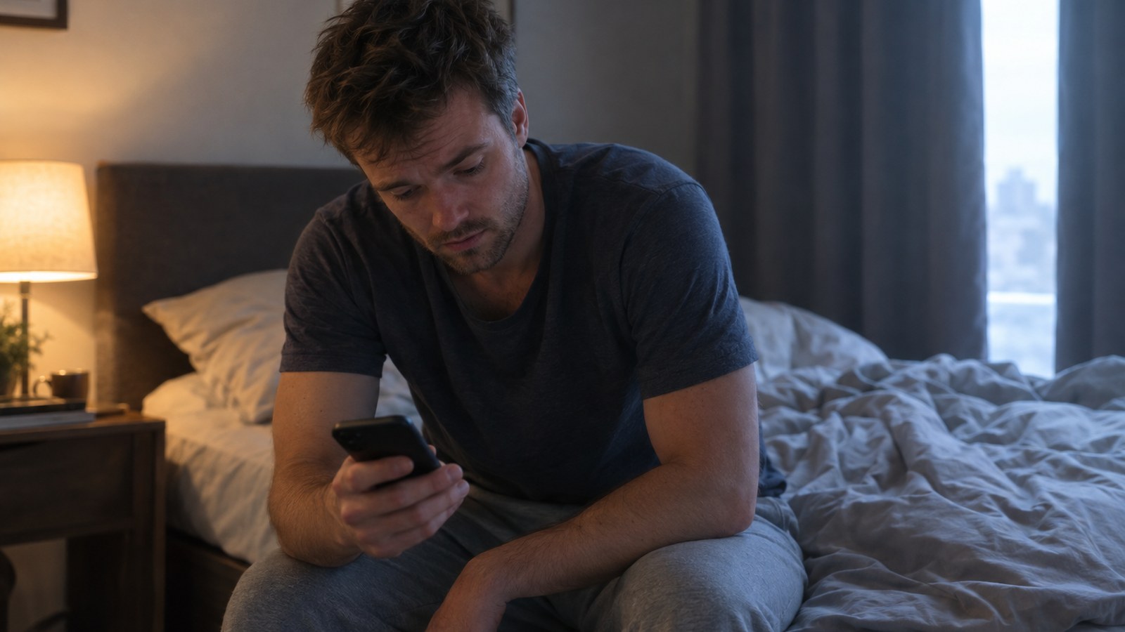A man sitting on the edge of his bed at dawn, checking his phone with a tired, worried look