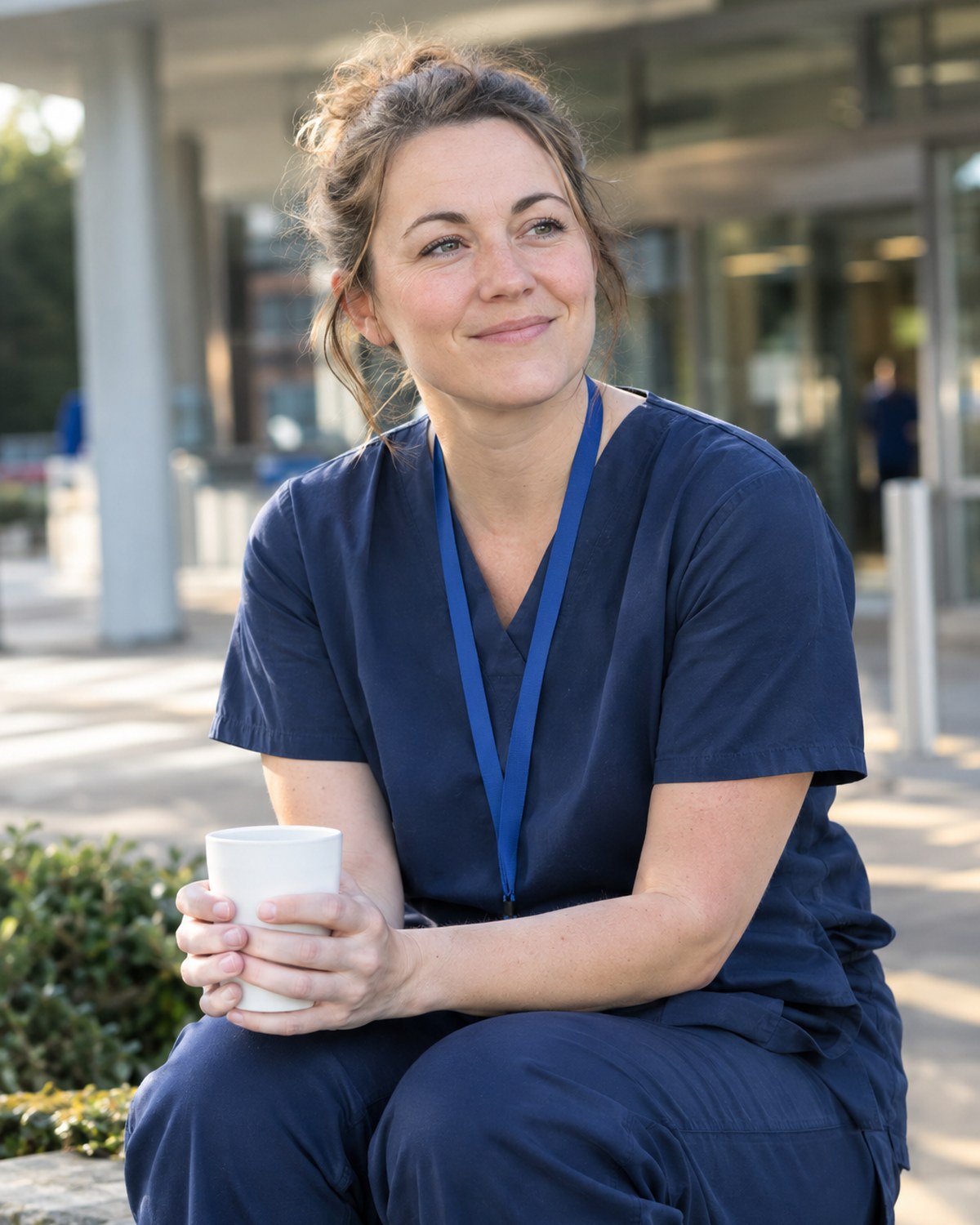 A woman sitting quietly with a coffee, calm after a morning that went to plan